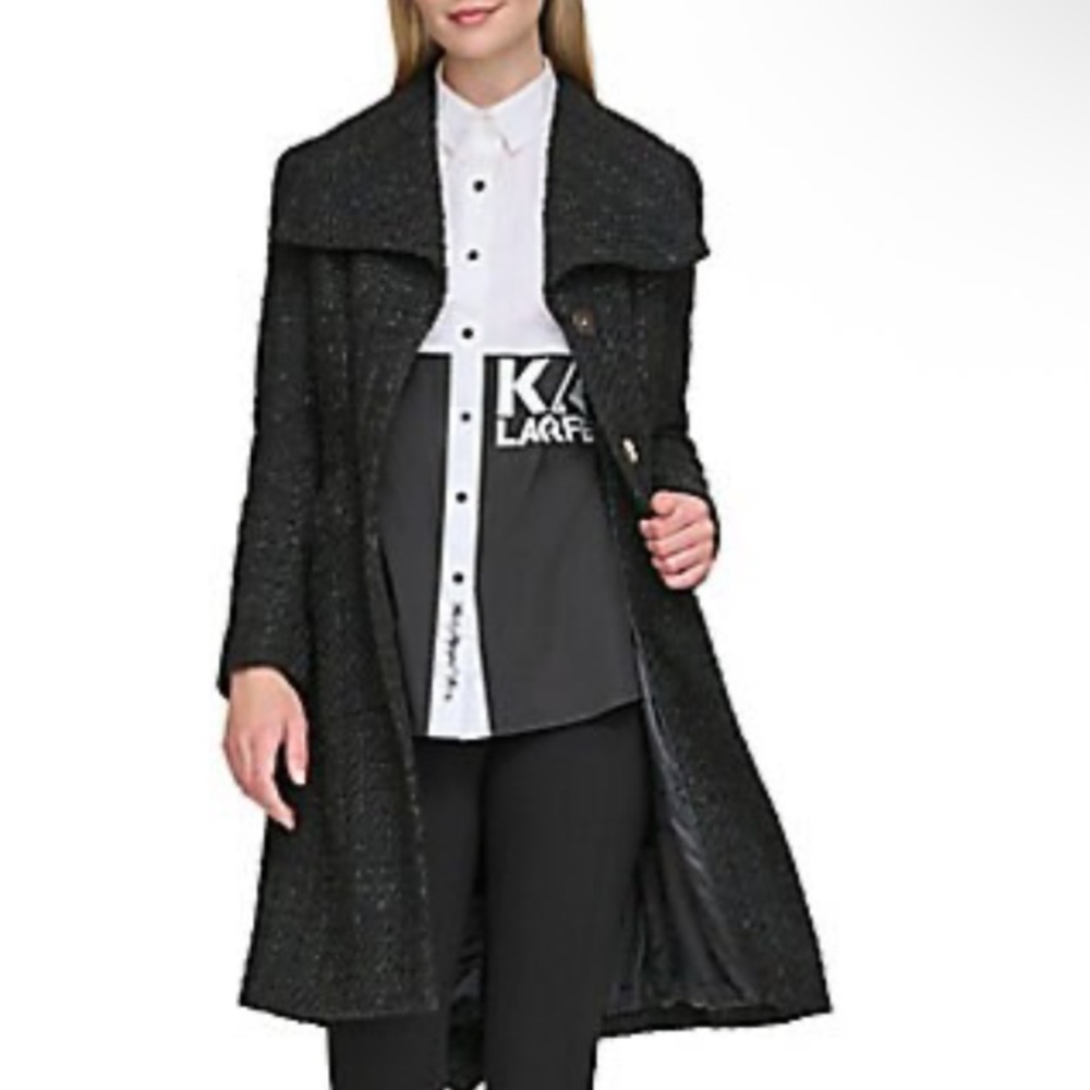 KARL LAGERFELD PARIS Black Metallic Tweed  Belted Coat size medium